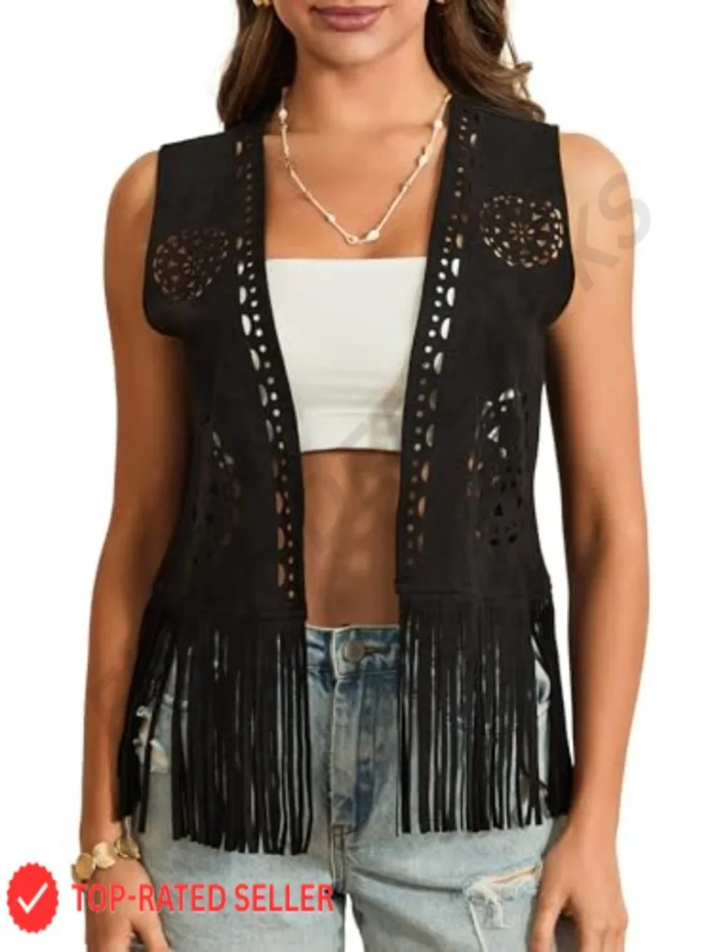 Suede Tassel Fringe Vest 70s Hippie Cowgirl Western Open Front Sleeveless Jacket